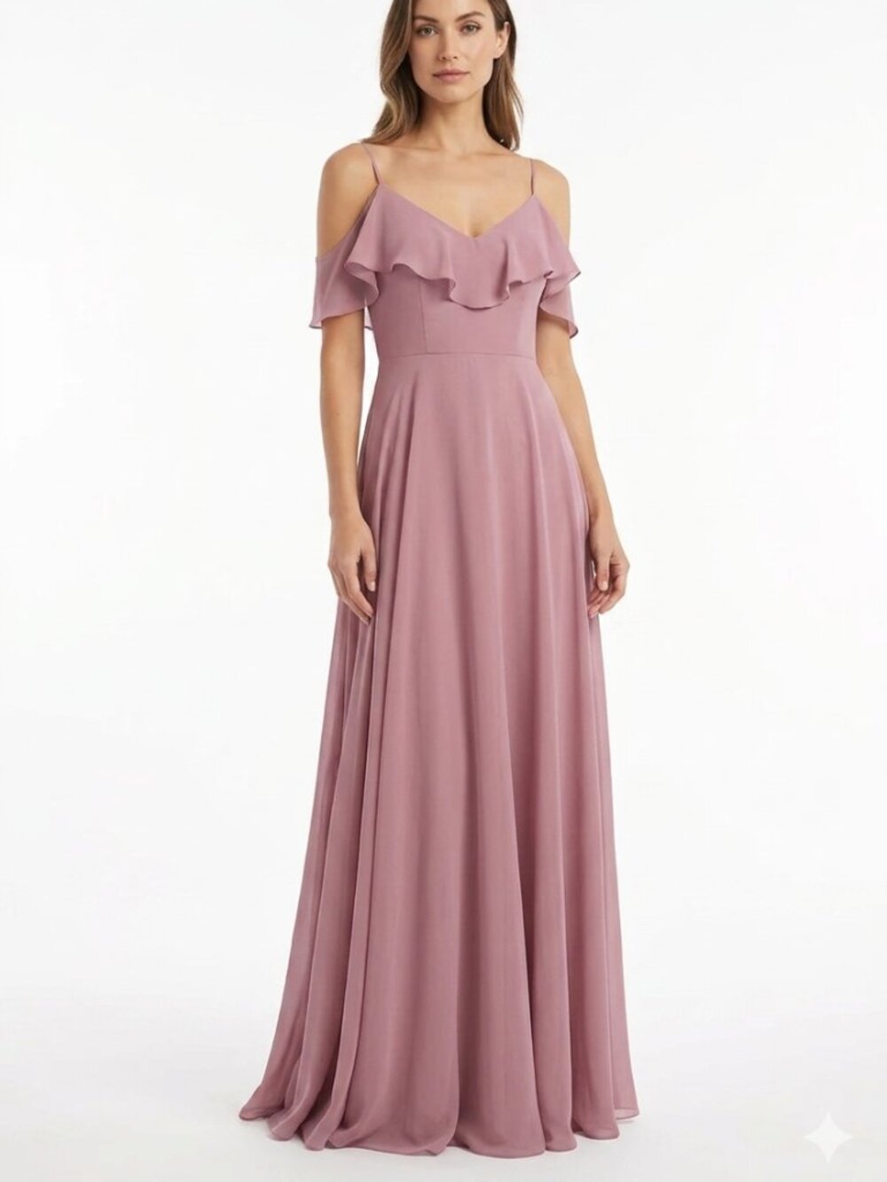 NWT JENNY YOO COLLECTION OLD PINK COLD SHOULDER FLUTTER CHIFFON BRIDESMAID DRESS